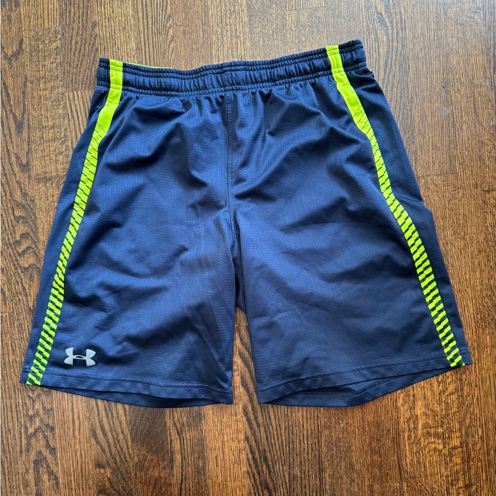 Under Armour Men's Navy Shorts in Neon Green Accent Stripes with Side Pockets